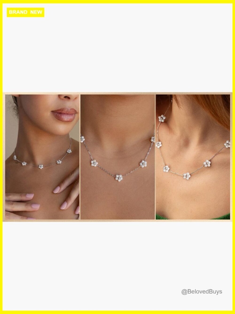 Stainless Steel Daisy Pearl Choker Necklace, Adjustable 15 Inch Chain - Picture 7 of 7